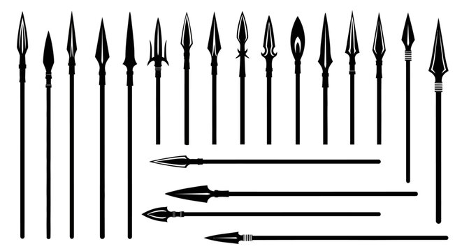 Collection of ancient spearheads and weapons in silhouette