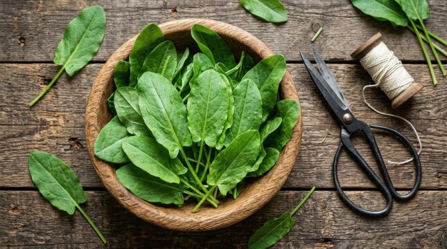 Young sorrel greens in a wooden container with thread and steel scissors on textured timber, seasonal produce for vegetarian cooking and organic farm vegetable themes, strong commercial appeal, flat