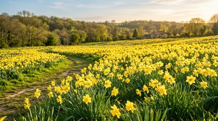 Obraz premium Field of yellow daffodils in spring sunlight, vibrant floral landscape with warm golden glow and fresh seasonal charm for nature, wellness and holiday themes, soft foliage blur, luminous detail,
