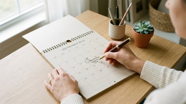 Marking a meaningful date on a calendar, personal planning and life organization concept with focus on intention, memory and schedule management, clean desk styling, thoughtful hands detail, soft