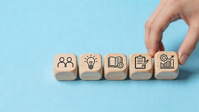 Business management strategy planning human resources concept growth chart light bulb idea teamwork people icon learning study book symbol clipboard work report wooden blocks