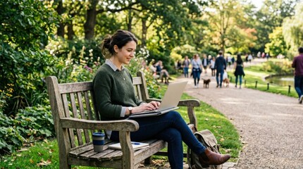 Fototapeta premium Female freelancer working while sitting on bench in park, modern remote work lifestyle concept for productivity, outdoor office, flexible career and digital business campaigns, natural setting, clean