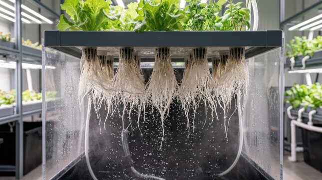 Roots suspended in an aeroponic system with water droplets, water-efficient agriculture concept with clean healthy root structure and controlled growing environment for sustainable farming themes,