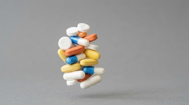 Close-up: pills and capsules stack in midair on gray background with copy space, modern clinical layout for pharma advertising, healthcare concept, clean clinical styling, strong pharmacy or wellness