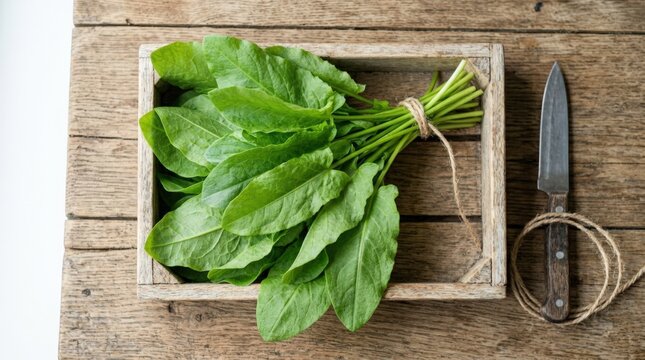 Fresh young sorrel leaves arranged in a rustic wooden crate with knife and natural twine, organic greens and herbal cooking ingredient for healthy food branding, seasonal harvest editorials and rustic
