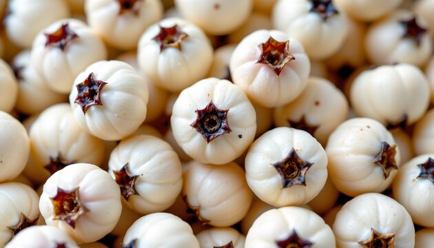The image features a close up view of numerous small, white fruits with a smooth, rounded shape. Each fruit has a dark, star shaped calyx at the top, providing contrast against the pale surface