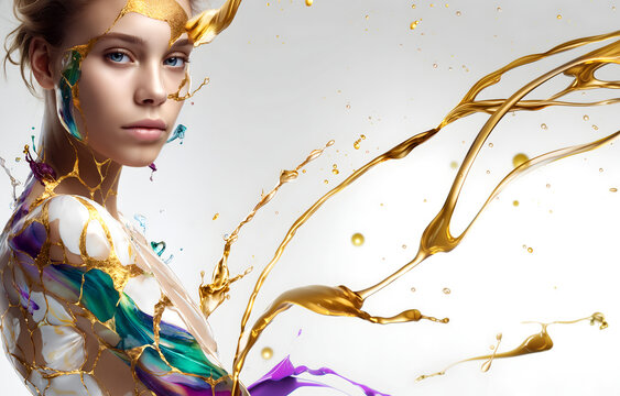Fashion editorial Concept. A beautiful woman girl in colourful bright flowing fluid paint, shimmering liquid gold and pastel shade splashes swirl around. copy text space