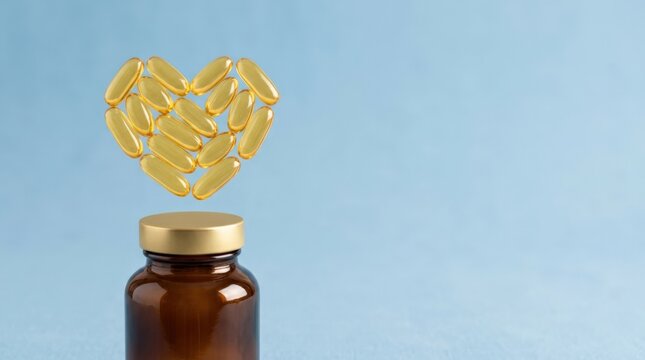 Golden capsules forming a heart above an amber supplement bottle on blue background, wellness promotion and care concept with generous copy space for pharmacy ads, nutrition branding and health