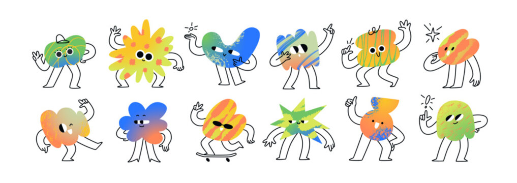 Abstract funny characters set. Cute doodle blobs, funky figures with emotions, expressions. Cartoon shapes with happy smiling faces, comic emoji. Flat vector illustration isolated on white background