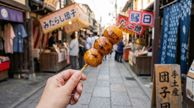 Japanese mitarashi dango skewer in a woman&rsquo;s hand, appetizing street food close-up with glossy sauce, local culture and casual travel dining atmosphere in Japan, natural daylight, realistic food