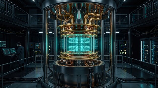 Futuristic quantum computer chamber with cylindrical structure, concentric golden cooling rings and a teal qubit array glowing at the center, advanced research hardware concept in a dark tech