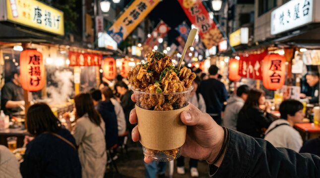 Karaage fried chicken in a cup at a Japanese street food festival in Tokyo, crispy snack scene with lively market atmosphere and strong culinary travel appeal, polished photoreal finish, no logos