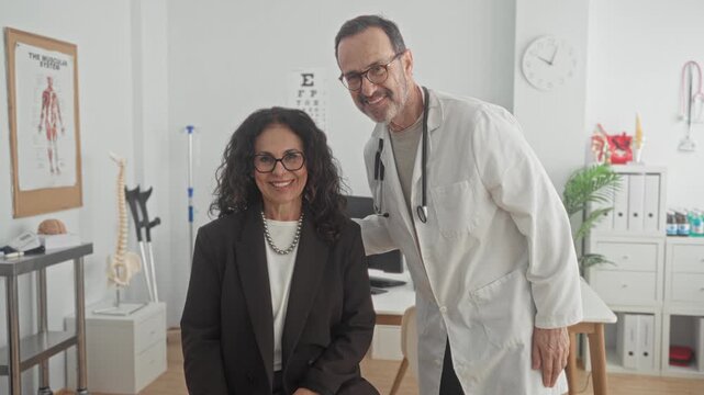 Man doctor with stethoscope places hand on woman's shoulder in clinic exam room near skeleton model and eye chart; reassurance care.