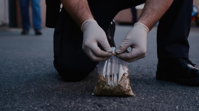 Police officer collects illegal substance in plastic bag during street investigation. Gloves protect evidence at crime scene. Suspects wait nearby. Law enforcement secures urban area.