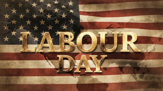 Gold Labour Day text on vintage American flag and world map