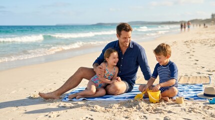 Fototapeta premium Father with son and daughter relaxing on beach vacation, warm family leisure scene with soft waves, sunlight and calm togetherness appeal, strong commercial value for tourism, parenting and summer