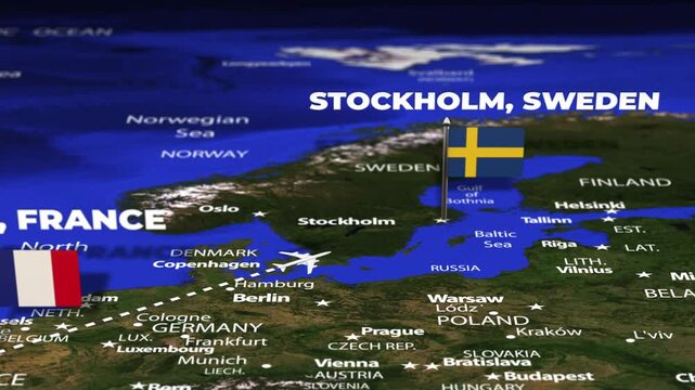 Flight From Paris FRANCE to Stockholm SWEDEN with flag pins