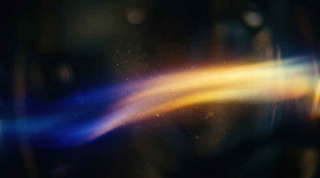 Real blue and yellow light leak sweeping across a dark background with organic dual tone glow, cinematic optical overlay for title sequences, music visuals and motion transitions, soft luminous depth,