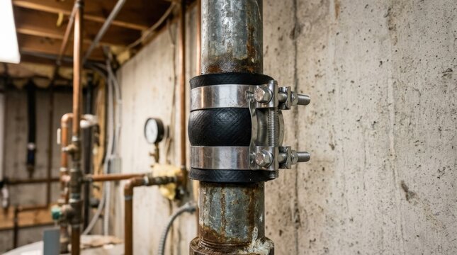 Pipe repair clamp tightly securing a rubber patch on an old pipe, emergency plumbing fix for residential leaks and maintenance, practical home service concept with repair and prevention relevance,