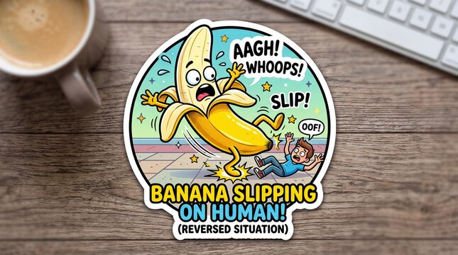 Banana character slipping on a human in a humorous situation