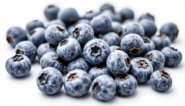 The image features a close up of a pile of fresh blueberries scattered across a plain white surface