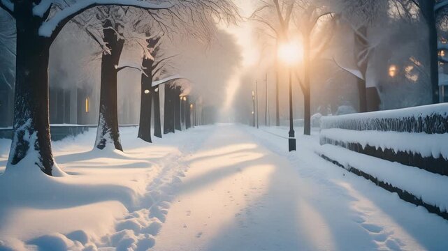 quiet snow-covered street in winter morning, soft sunlight reflecting on snow, calm festive seasonal background, static camera, ultra realistic, 4k, 5 seconds, stable footage, clean background, no peo
