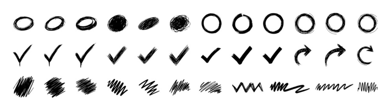 Hand Drawn Scribble Collection Featuring Circles Check Marks and Arrows in Minimalist Charcoal Sketch Style for Creative Graphic Design