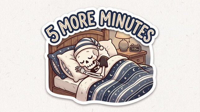 Skeleton sleeping in bed wanting 5 more minutes sticker