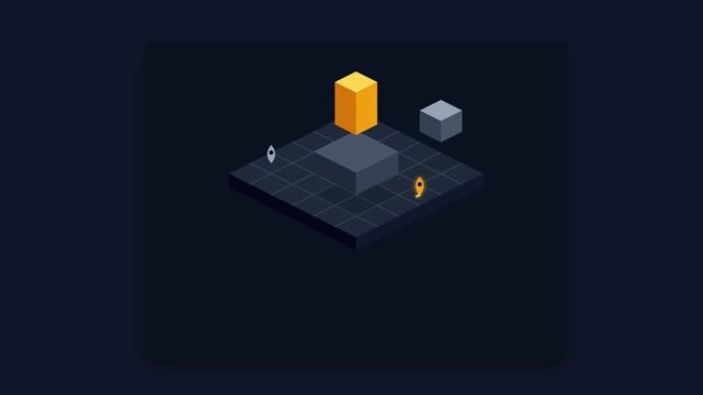 Isometric GPS navigation map with a yellow path and location markers on a dark grid for logistics tracking and urban transport technology visualization