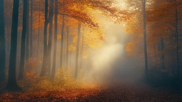 soft morning fog drifting slowly through colorful autumn forest, sunlight breaking through trees, peaceful seasonal atmosphere, static camera, ultra realistic, 4k, 5 seconds, stable footage, clean bac