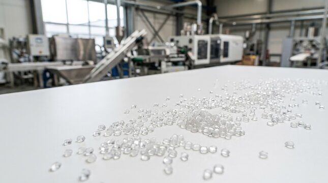 Translucent polymer pellets scattered across a white surface, industrial material background with copy space for plastic production concepts, natural daylight, clean composition, realistic texture,