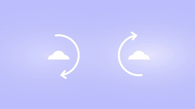 Cloud synchronization icon with circular rotating arrows and checkmark tick on a soft purple background representing successful data backup and cloud computing