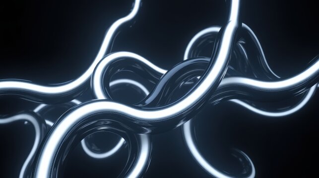 Abstract fluid shapes, glowing lines, dark background. Smooth curves create complex interwoven patterns, futuristic design.