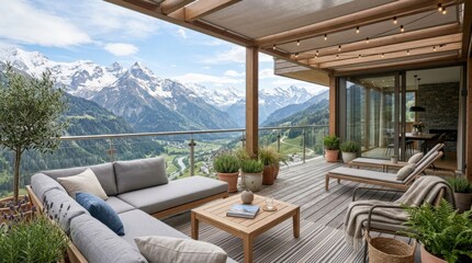 Fototapeta premium Terrace interior overlooking mountains with no people, serene outdoor living space with scenic view, modern relaxation and fresh travel-lifestyle atmosphere, soft natural light, realistic detail,
