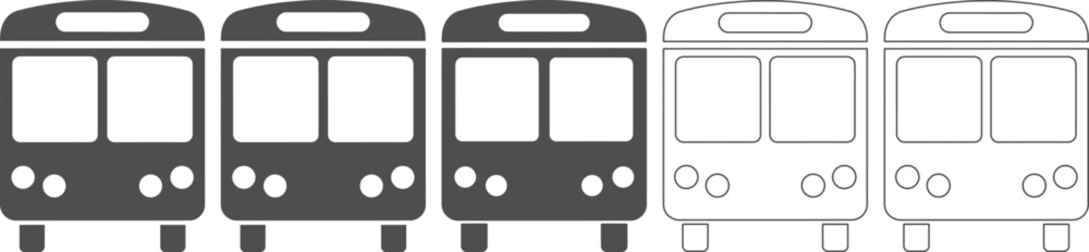 Five gray and white bus fronts in different shades and line art isolated on transparent background for design elements  transportation icons