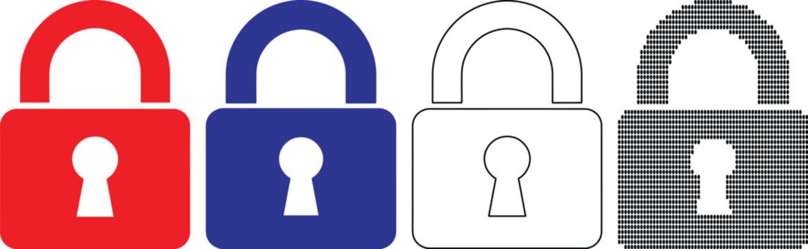 Four different padlock icons in red blue black and white colors for security and protection concepts  isolated on transparent background