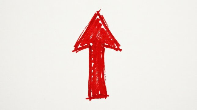 Hand drawn red doodle arrow isolated on white background, grunge upward pointing sign with rough marker texture and bold direction cue, ideal for annotations, poster layouts, editorial design, motion