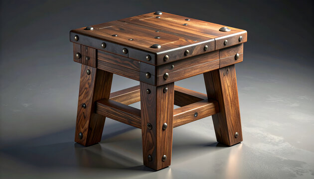 Rustic Wooden Stool with Metal Accents.