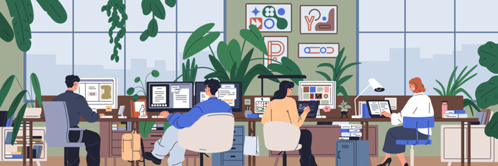 Modern office interior workspace. Corporate work environment, business team, employees sitting at tables, back view. People at computer desks in open space workplace. Flat vector illustration