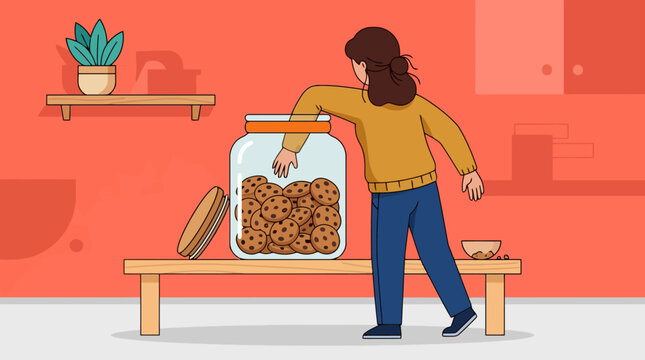 Cartoon illustration of a cookie jar full of cookies and a potted plant on a shelf.