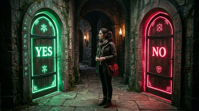 Woman making choice between yes or no doors