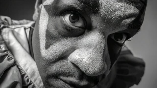 A man with war paint on his face looking into the camera.