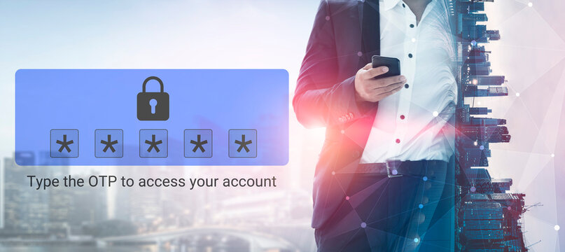 A businessman in a suit uses a smartphone with an overlay showing OTP input, emphasizing security and authentication in a modern digital world. Gantry
