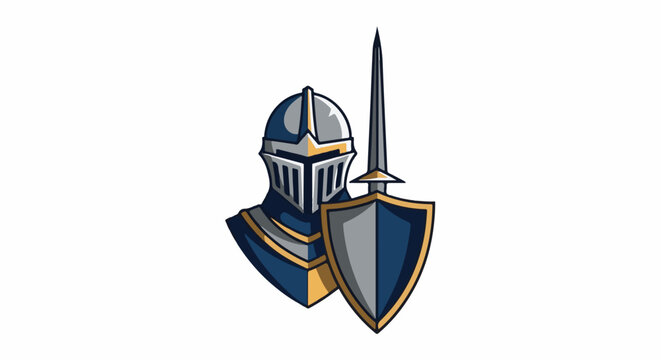 Stylized knight's helmet, shield, and spear emblem in blue, gold, and silver