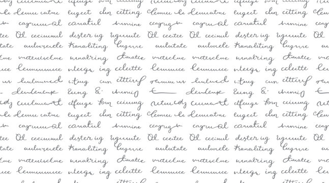 Seamless pattern of handwritten cursive text in grey on white background handwriting script