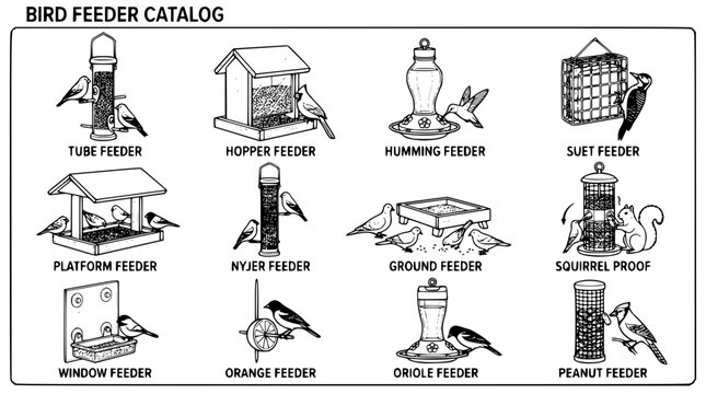 Collection of vector illustrations showcasing various bird feeder types