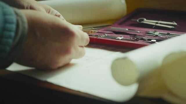 Side profile close-up of a designer fine-tuning a compass before placing it back in the case, highlighting disciplined workflow and technical precision.