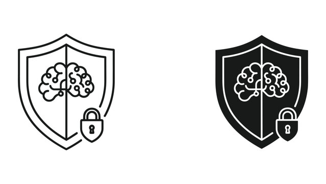Black and white line art brain shield icons with lock on white background