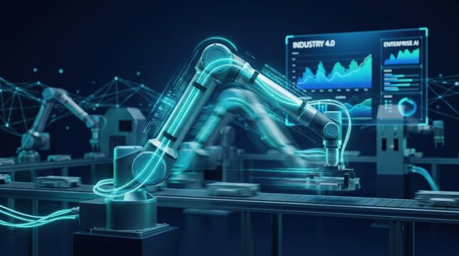 Robotic Arm Automation in Smart Factory with Motion Blur, Symbolizing AI-Driven Industry 4.0 Manufacturing and Future Enterprise Efficiency, enterprise AI, automation, dark navy background, teal cyan