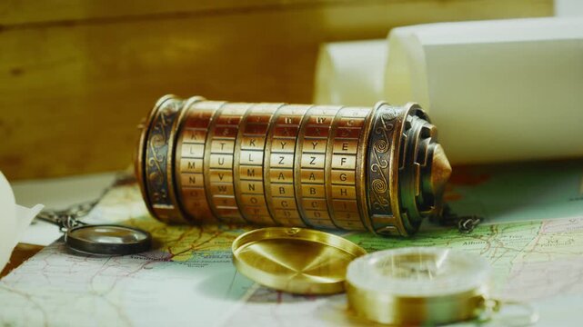 Slow push-in on a brass cryptex surrounded by maps and scrolls, suggesting hidden clues, adventure, and code-breaking in a treasure hunt narrative.